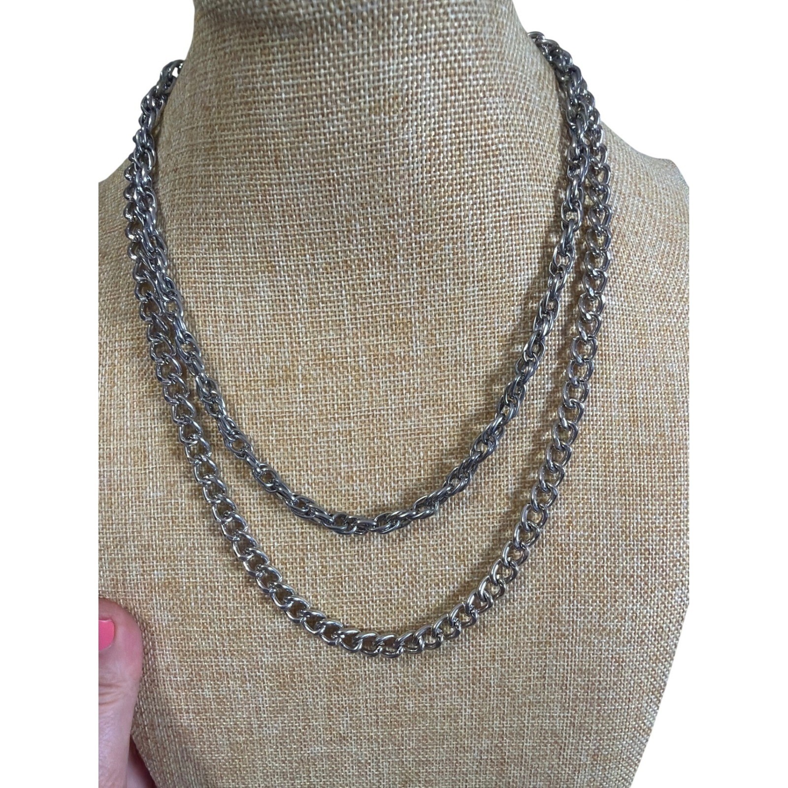 Silver Tone Layered Curb Link Chain Necklace Double Strand Streetwear Style