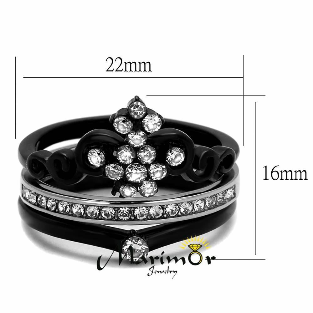 Women’s Black Ion Plated Stainless Steel CZ Crown Wedding Ring Band Set Sz 5-10