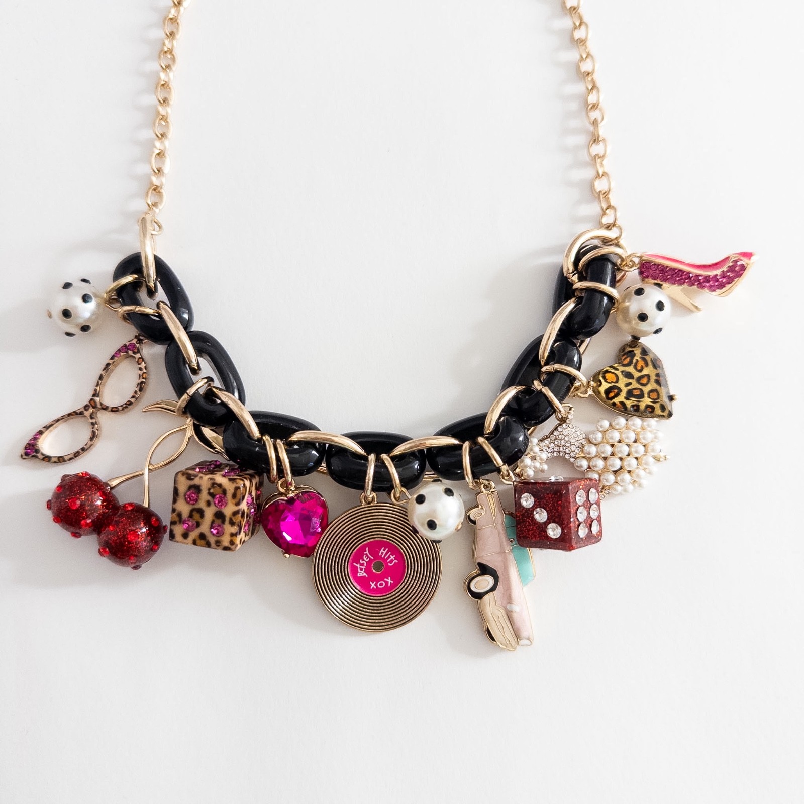 Betsey Johnson Retro Glam Charm Heart Record Dice Leopard Pearl Necklace RARE