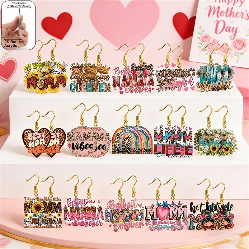15 Pairs of Acrylic Mother’s Day Happy Earrings, Mother’s Day Commemorative Gift