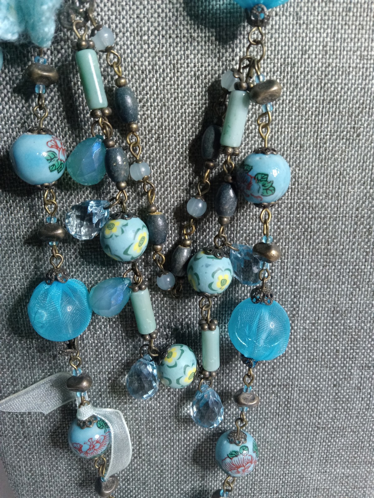 Vintage Turquoise Crocheted Blue flower Beads Necklace Multii-Strand Tassel