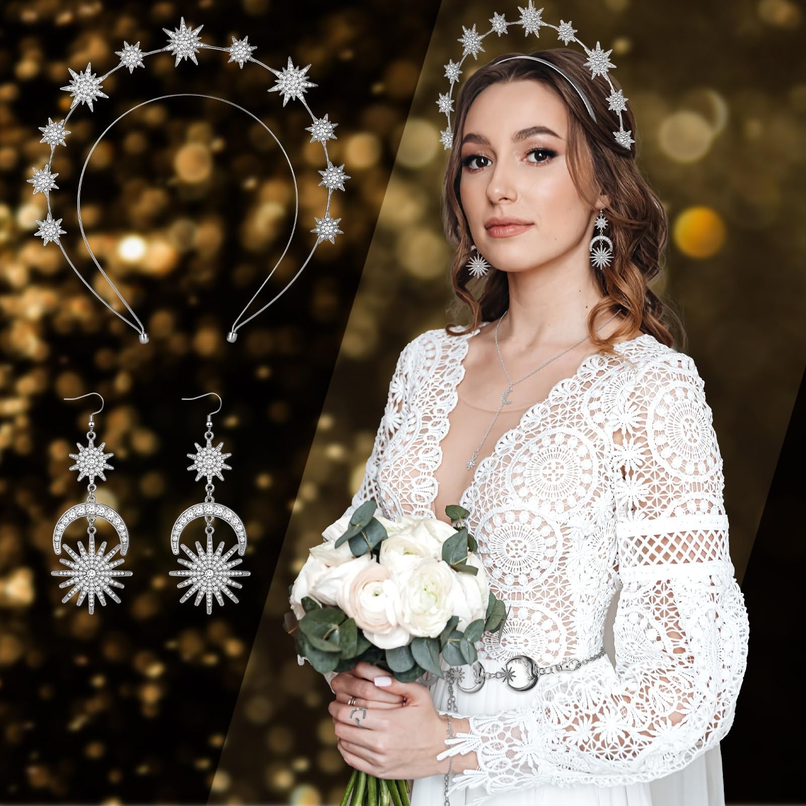 6 Pcs Celestial Crown Moon Star Headband & Earrings Set for Bride Wedding Costum