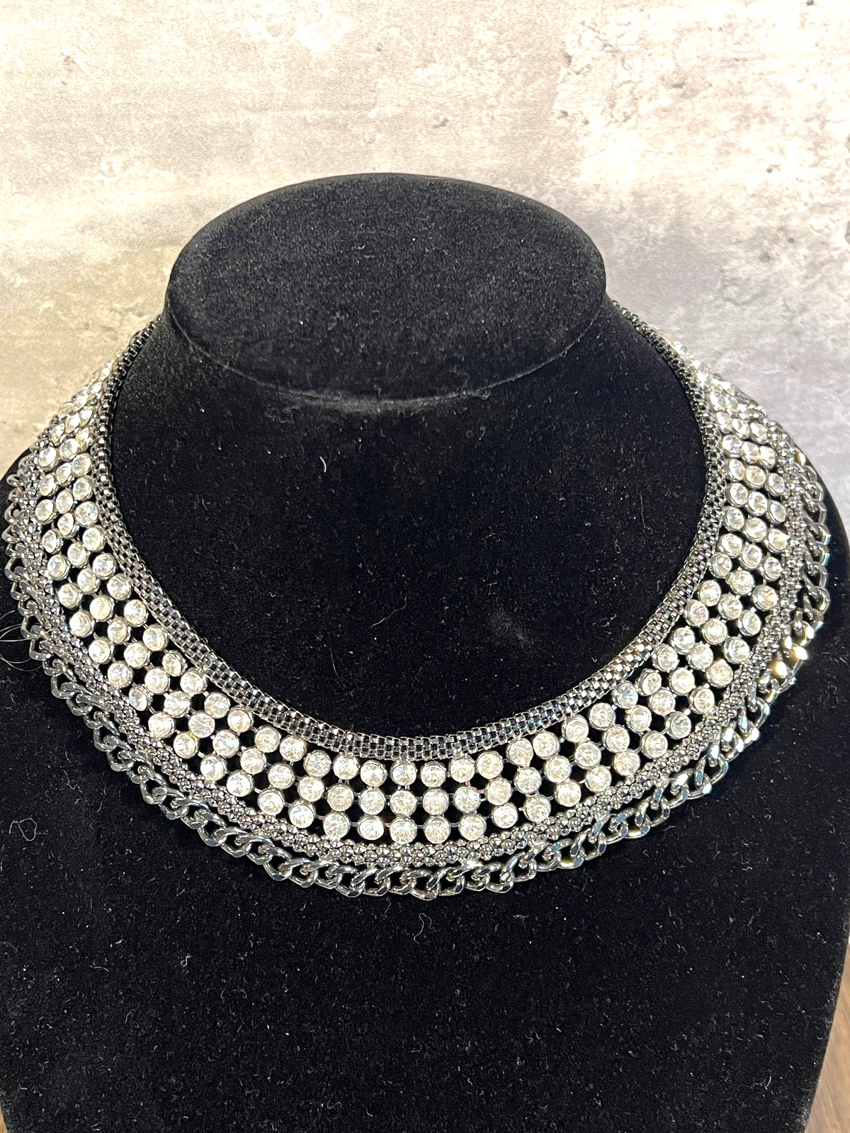Cleopatra Collar Necklace Gun Metal with Clear Stones 17 Inches Lobster Claw #3