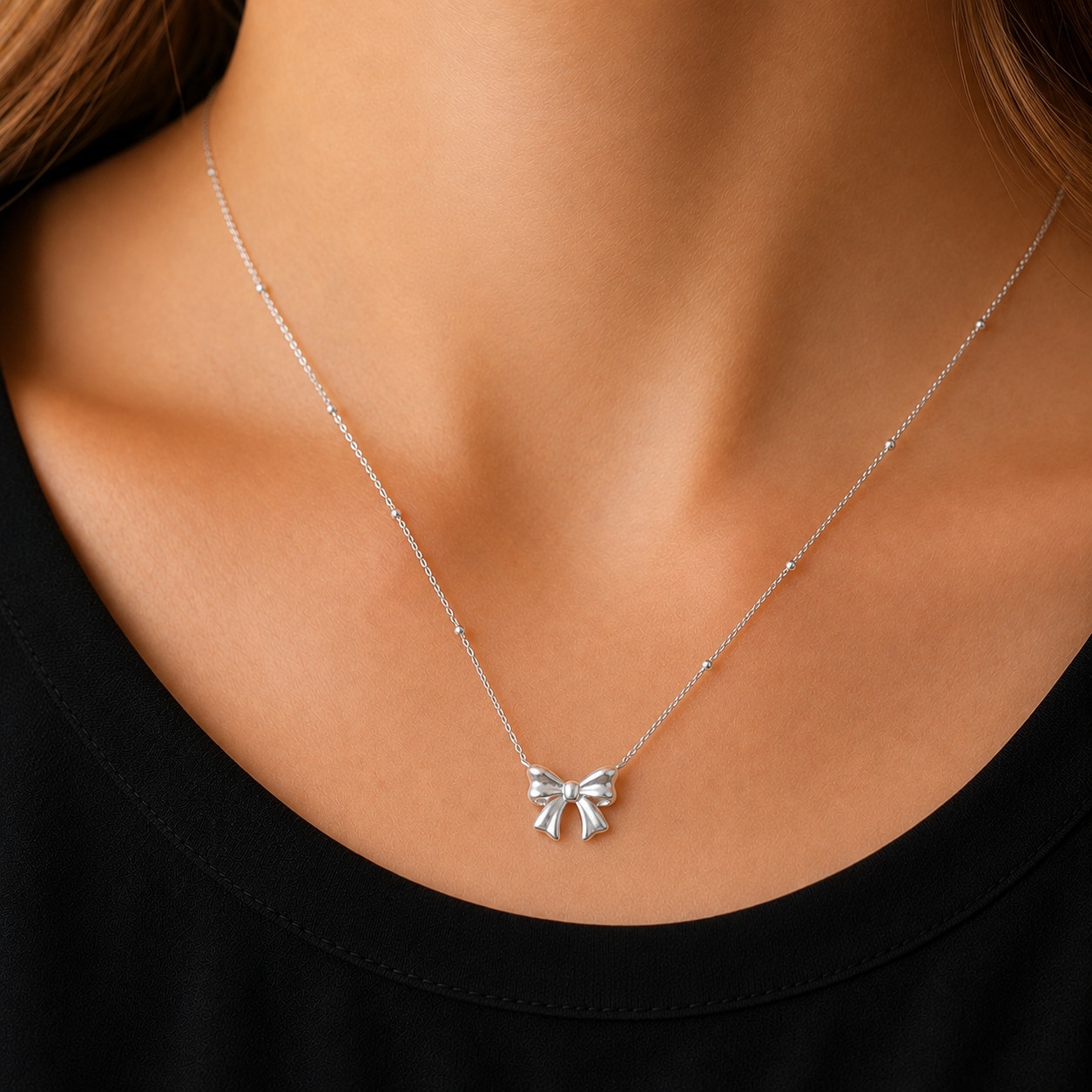 925 Sterling Silver Bow Pendant Necklace Korean Jewelry