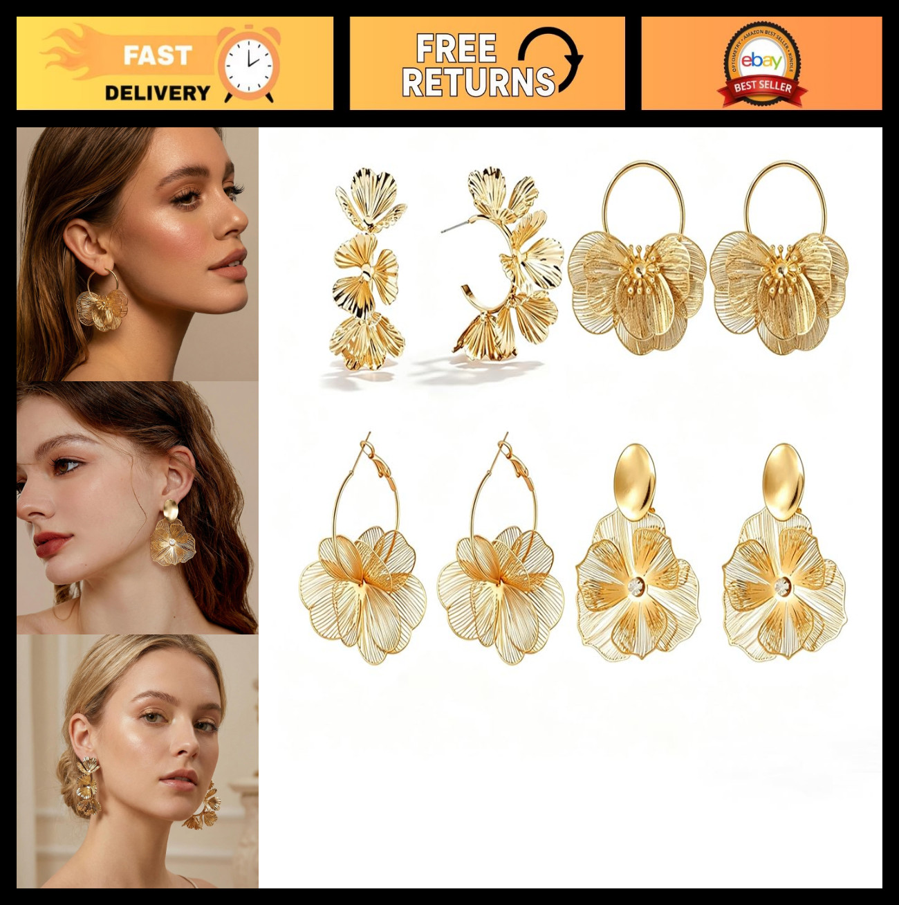 4 Pairs Floral Hoop Earrings for Women – Gold Flower Dangle Jewelry Set, Trendy
