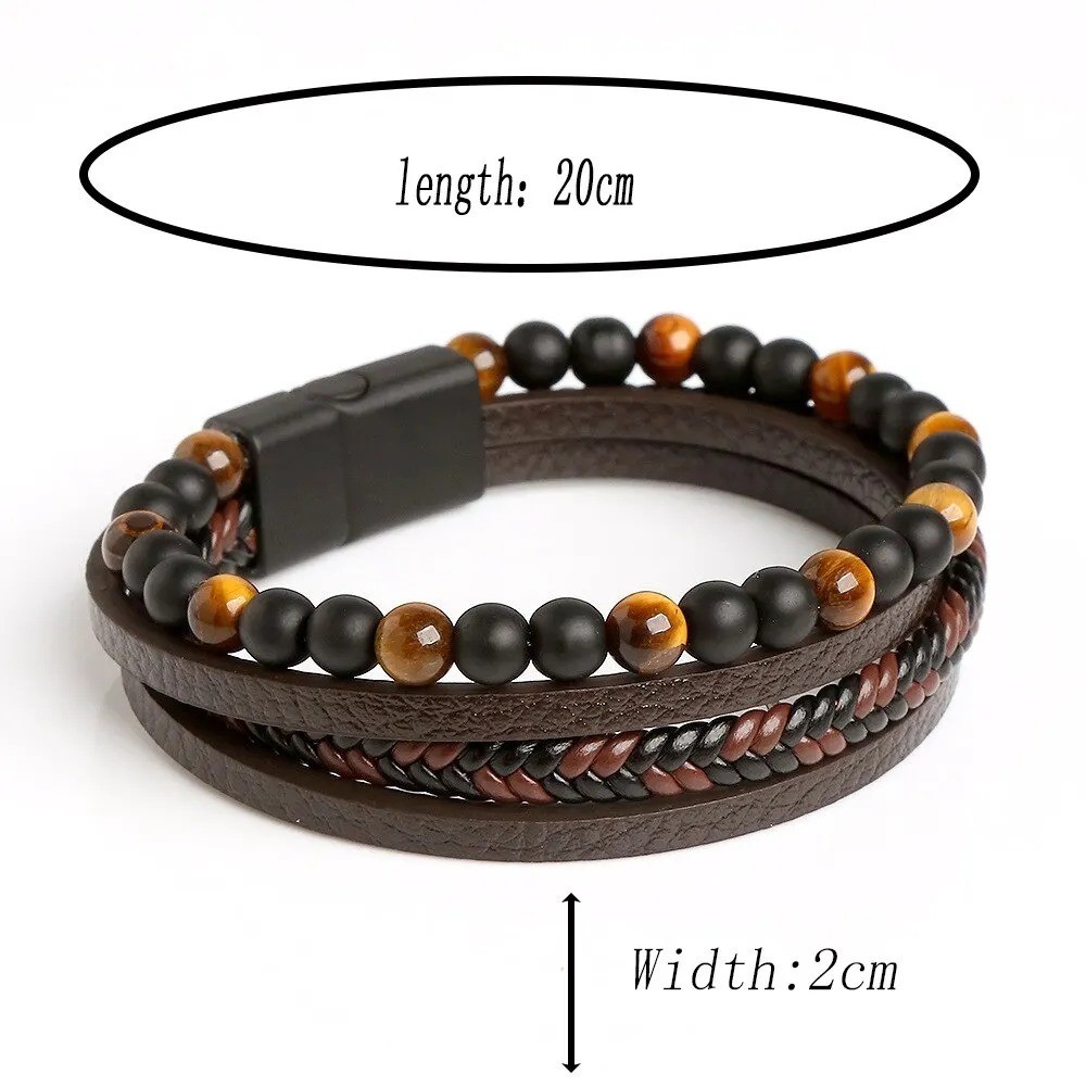 Men’s Layered Braided Leather Beaded Bracelet With Tiger Eye, Natural Stone