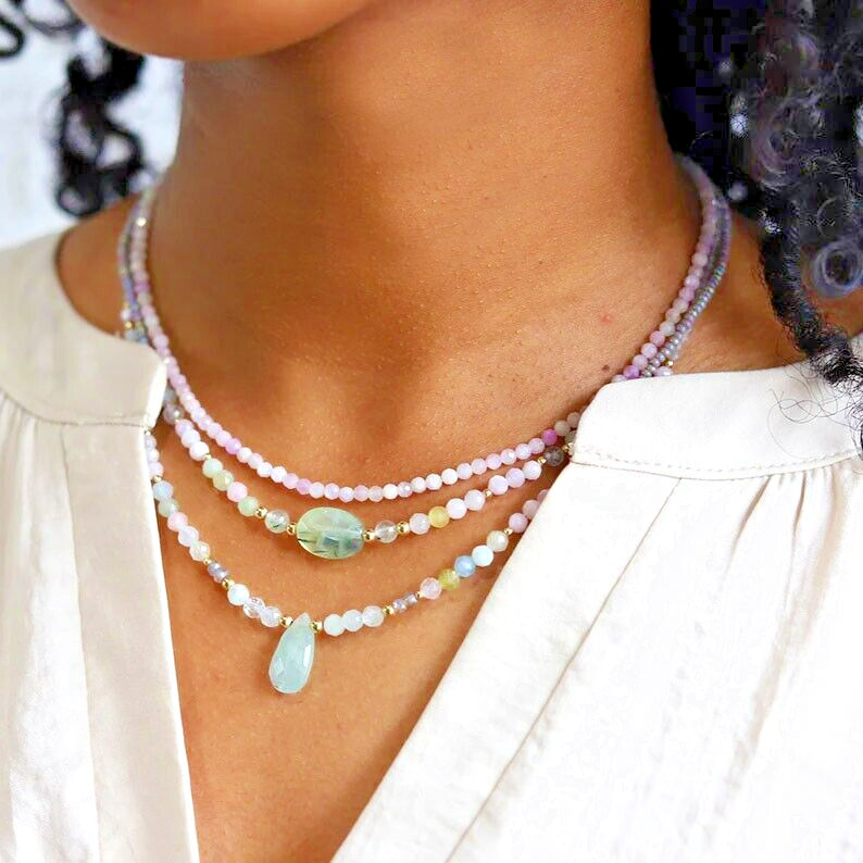 Kunzite Gemstone Beaded Choker Healing Women Purple Dainty Crystal Necklace Gift