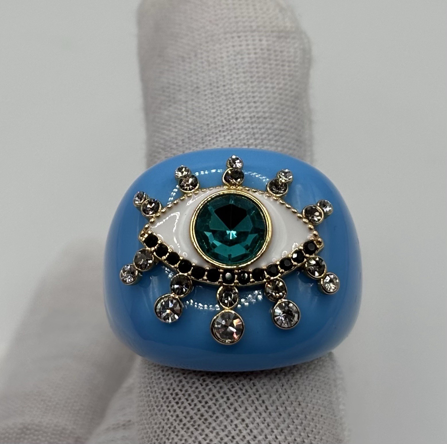 Blue Evil Eye Statement Ring Gold Tone Crystal Accent Oversized Fashion Ring