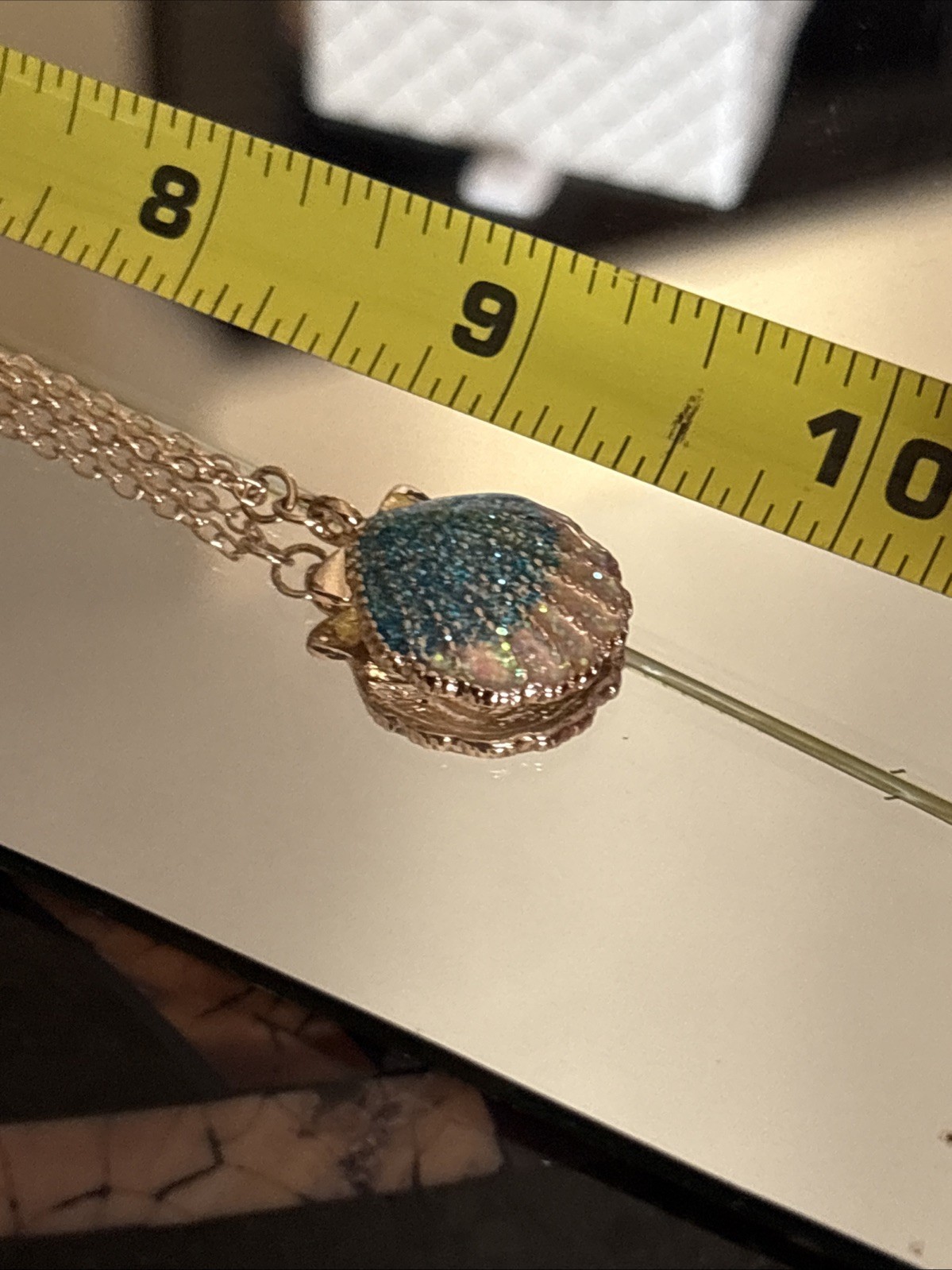 Clam Shell Enamel Necklace by Adult Jewels Silver Tone with Blue Stone BFF