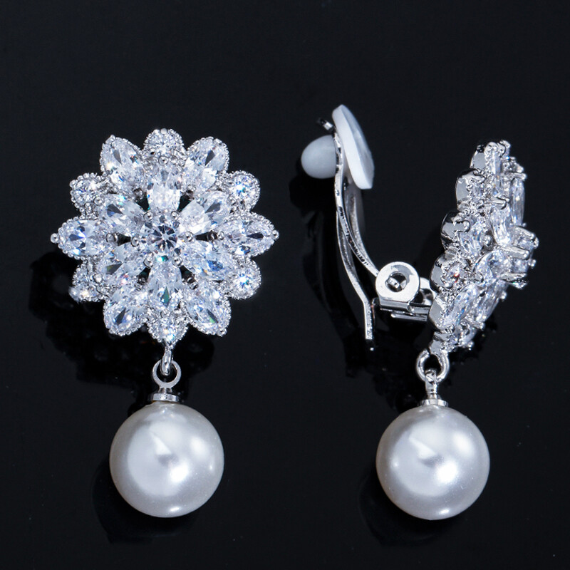 CWWZircons CZ Crystal Pearl Flower Non Pierced Clip on Drop Earrings for Women