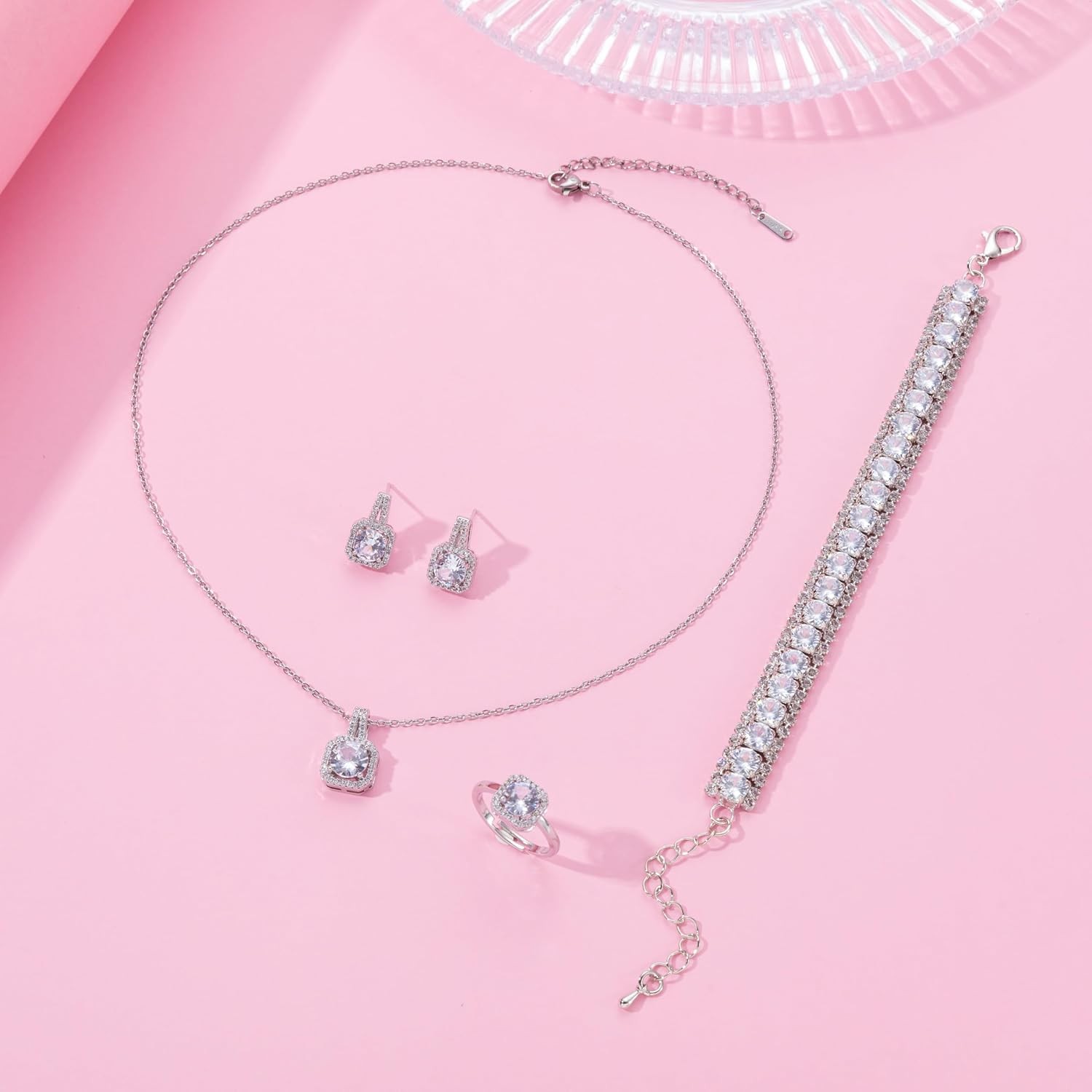 4Pcs CZ Wedding Jewelry Set Necklace Earrings Bracelet Ring for Bride Women