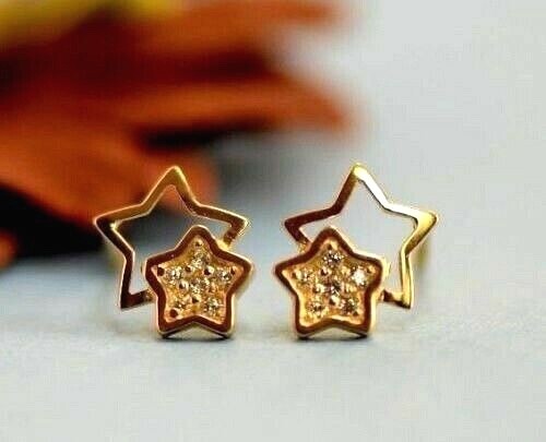 Solid 14K White or Yellow Gold Star Cubic Zirconia Stud Screw Back Earrings