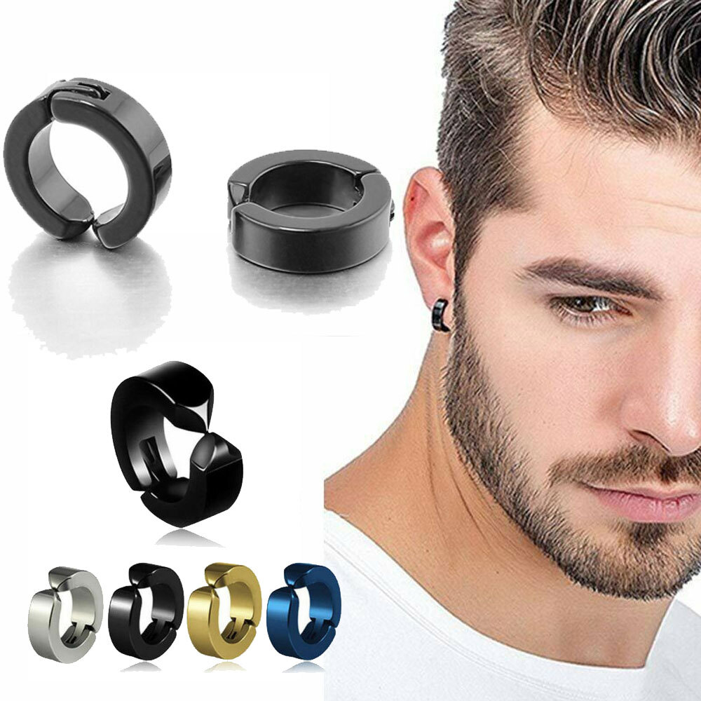 US Non-Piercing Clip On Fake Men Boy Ear Stud Cuff Hoop Earrings Stainless Steel