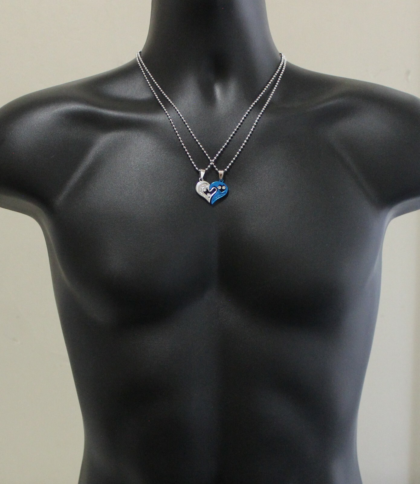 Split Heart 2pc Pendant Cubic Zirconia 20″ Plated Stainless Steel Ball Necklace