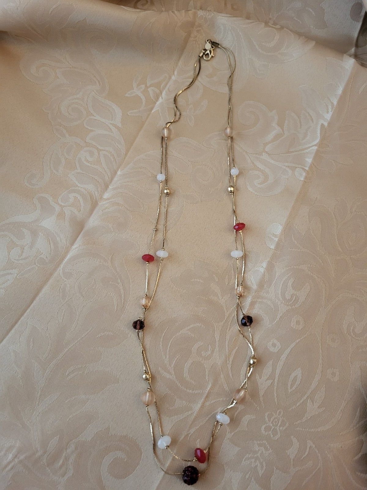 Loft Brand Long Goldtone Necklace With Pink Glass And Resin Beads
