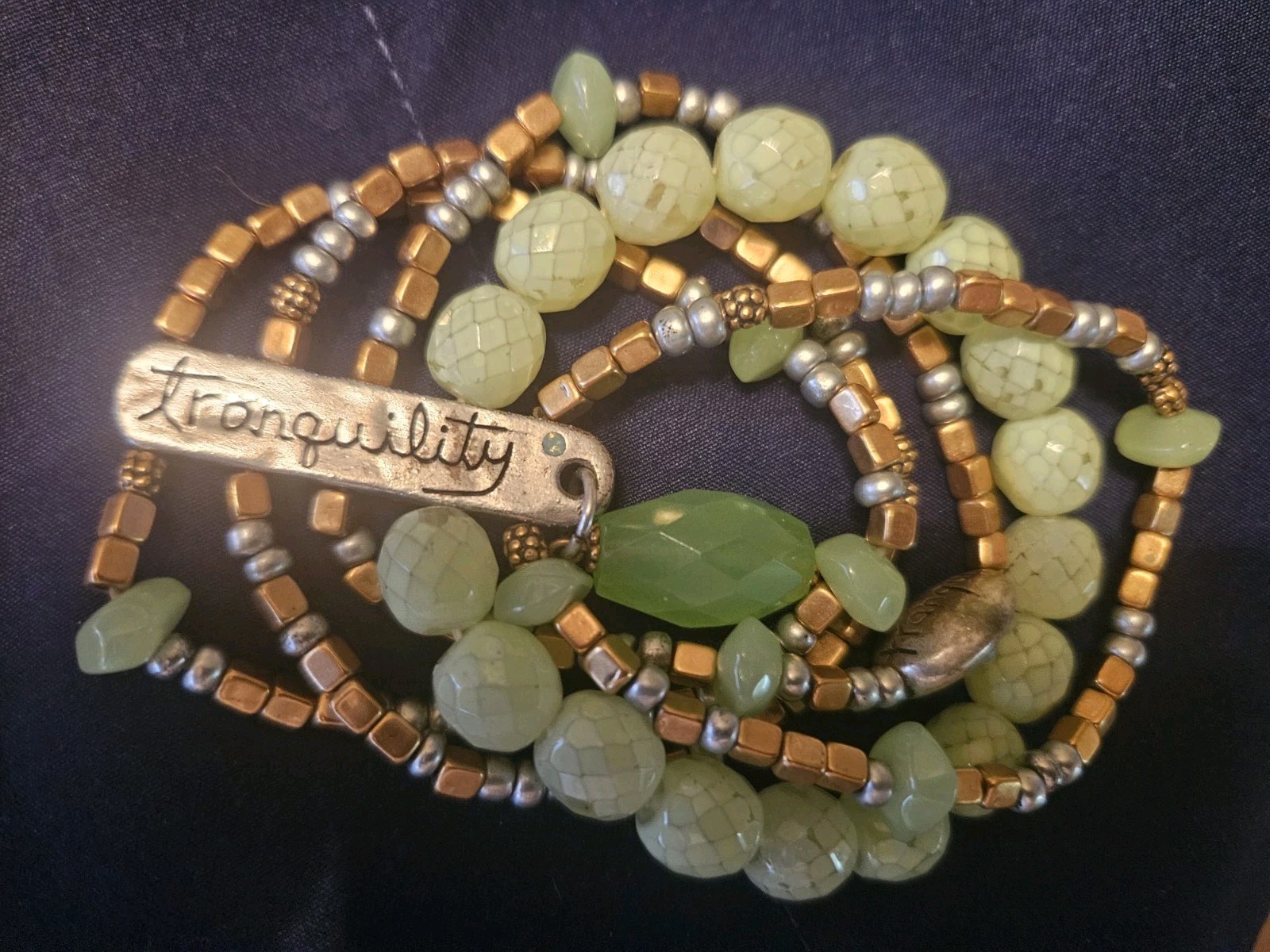 Stretch Elastic Bracelet Stacked Green Colored Beads & Silver Tranquility