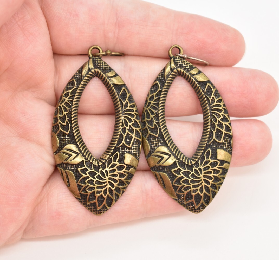 2 3/8″ Antiqued Gold-T Open Oval Textured & Flower Embossed Dangle Hook Earrings
