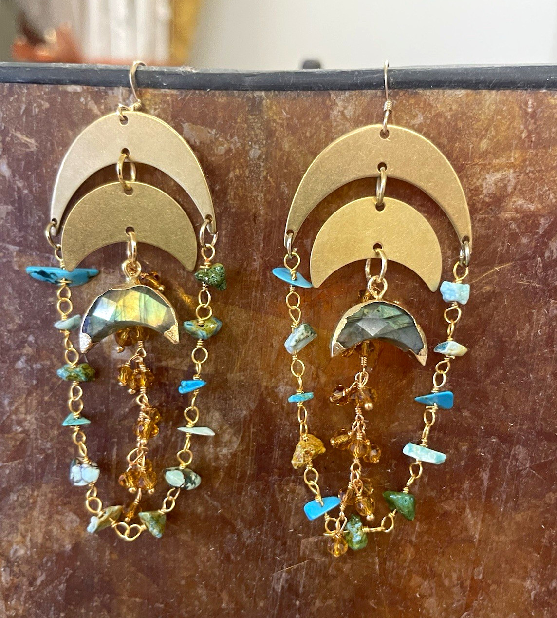 Brass Crescent 🌙 Drop Hook Earrings w/ Rosary Chain Chip and Labradorite Charms