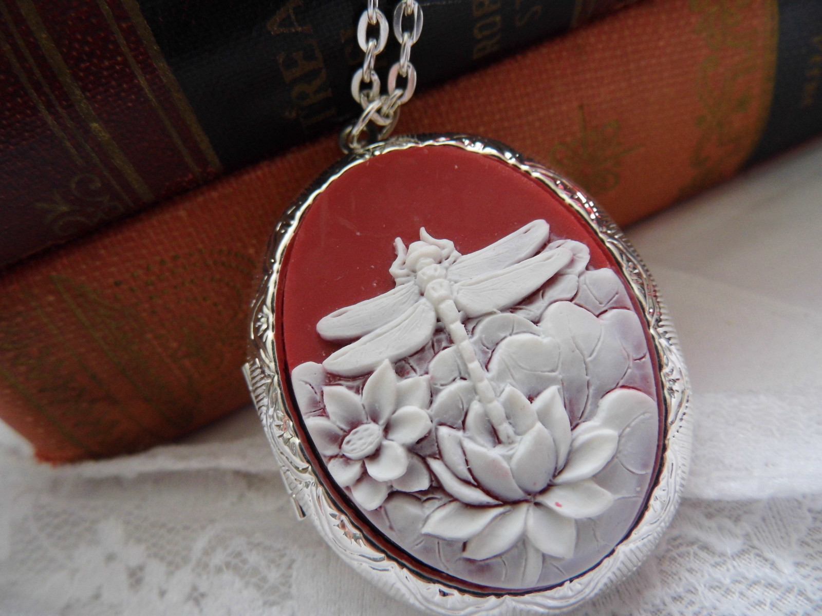 Dragonfly Silver Gold photo Locket LOTUS FLOWER Memorial PILL Box photo memorial