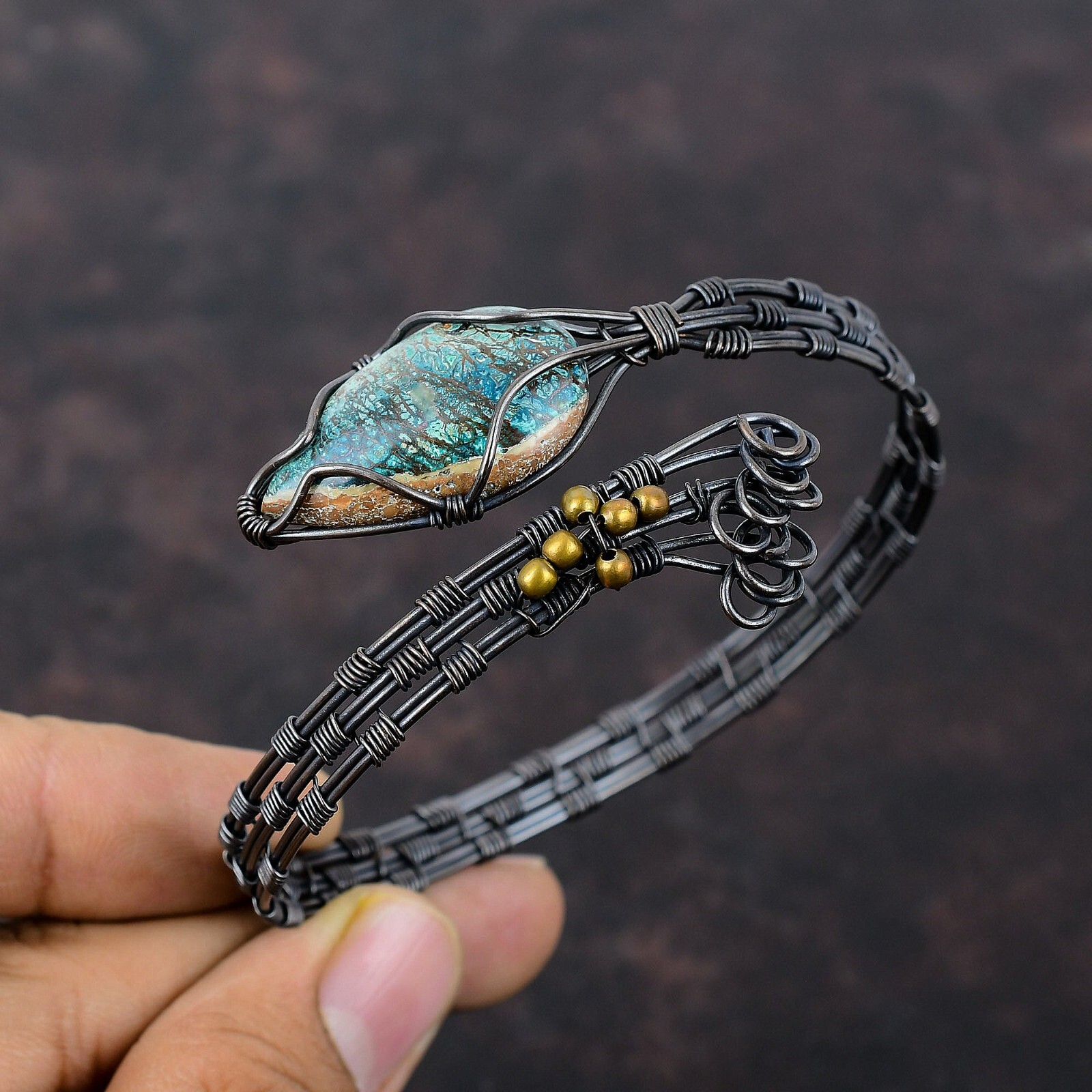Gift For Her Copper Azurite Gemstone Jewelry Wire Wrapped Adjustable Cuff