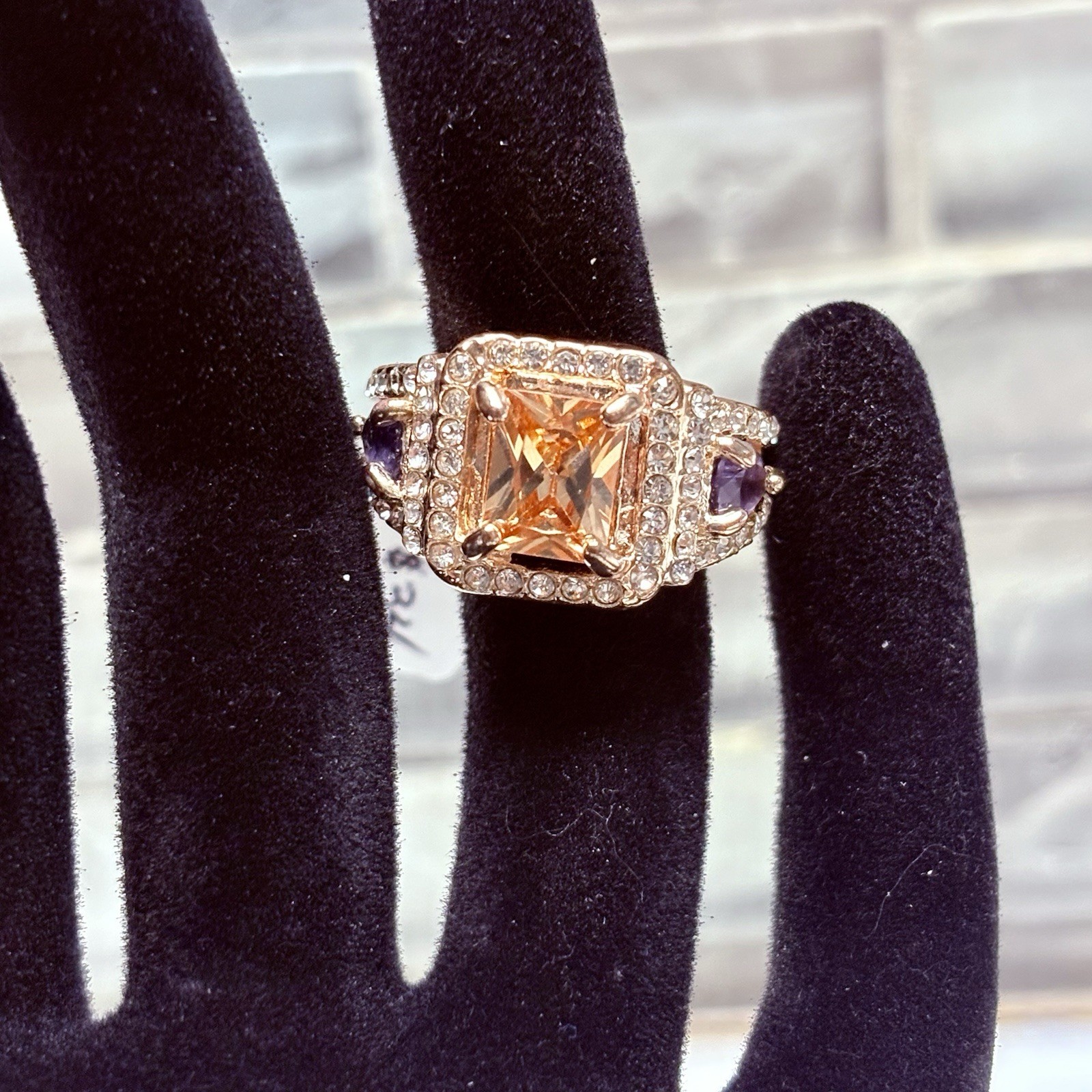 Rose Gold Champagne Radiant Cut Ring Purple Accents Clear Halo Pave. Size 7. NWT