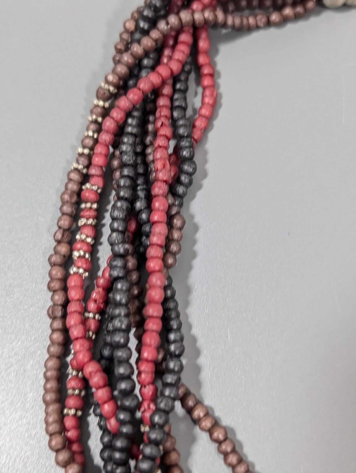 Red Black Beaded Leaf Pendant Multi Strand Statement Necklace Tribal Boho 22 in