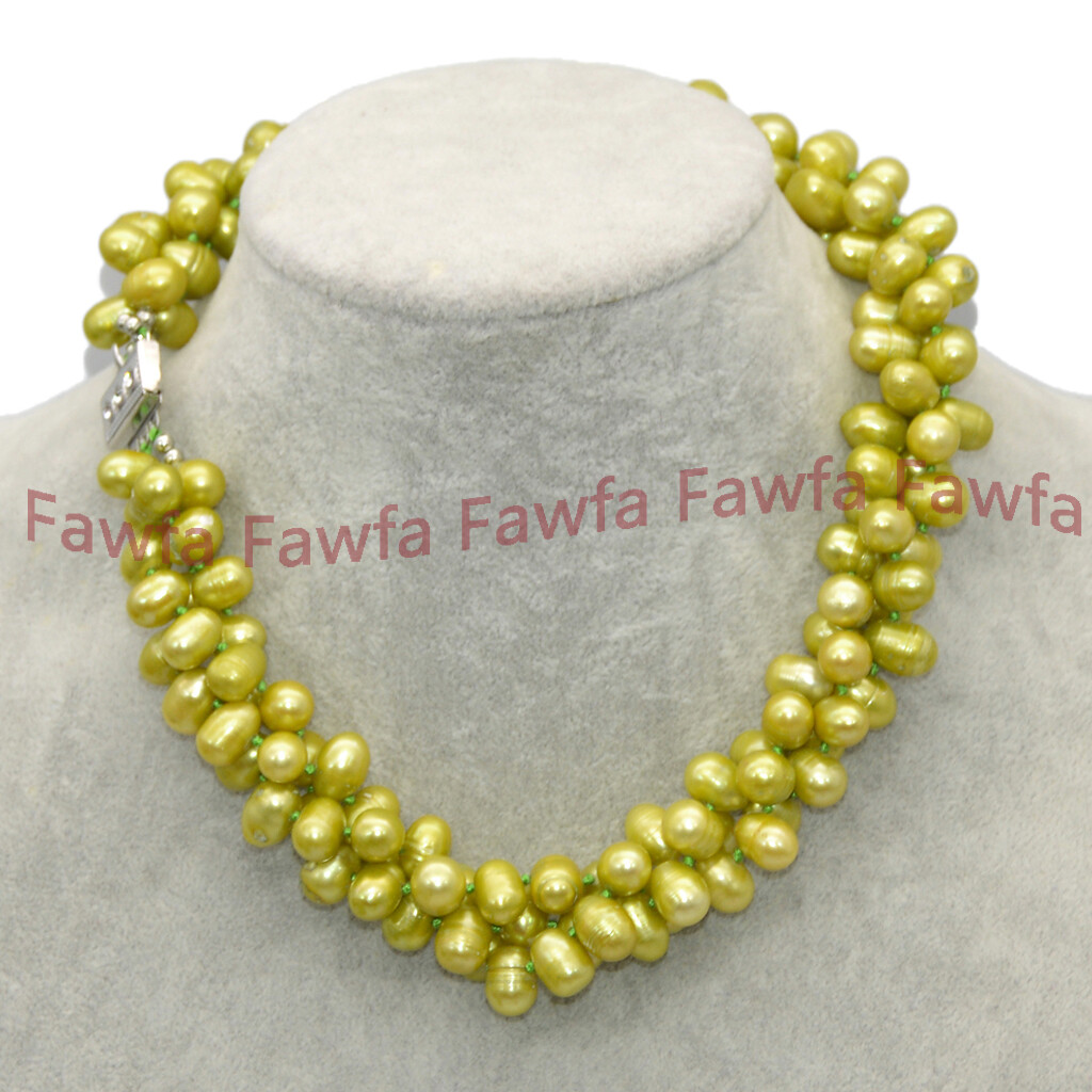 Rare 3Row 8-10mm Olive Green Side Hole Freshwater Baroque Pearl Jewelry Necklace