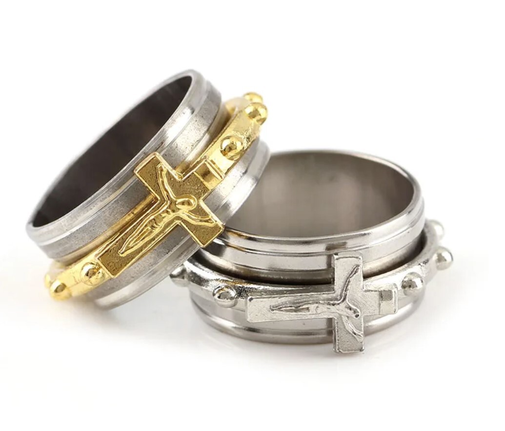 10mm STAINLESS STEEL silver and gold Crucifix Cross Ring with rotating decade