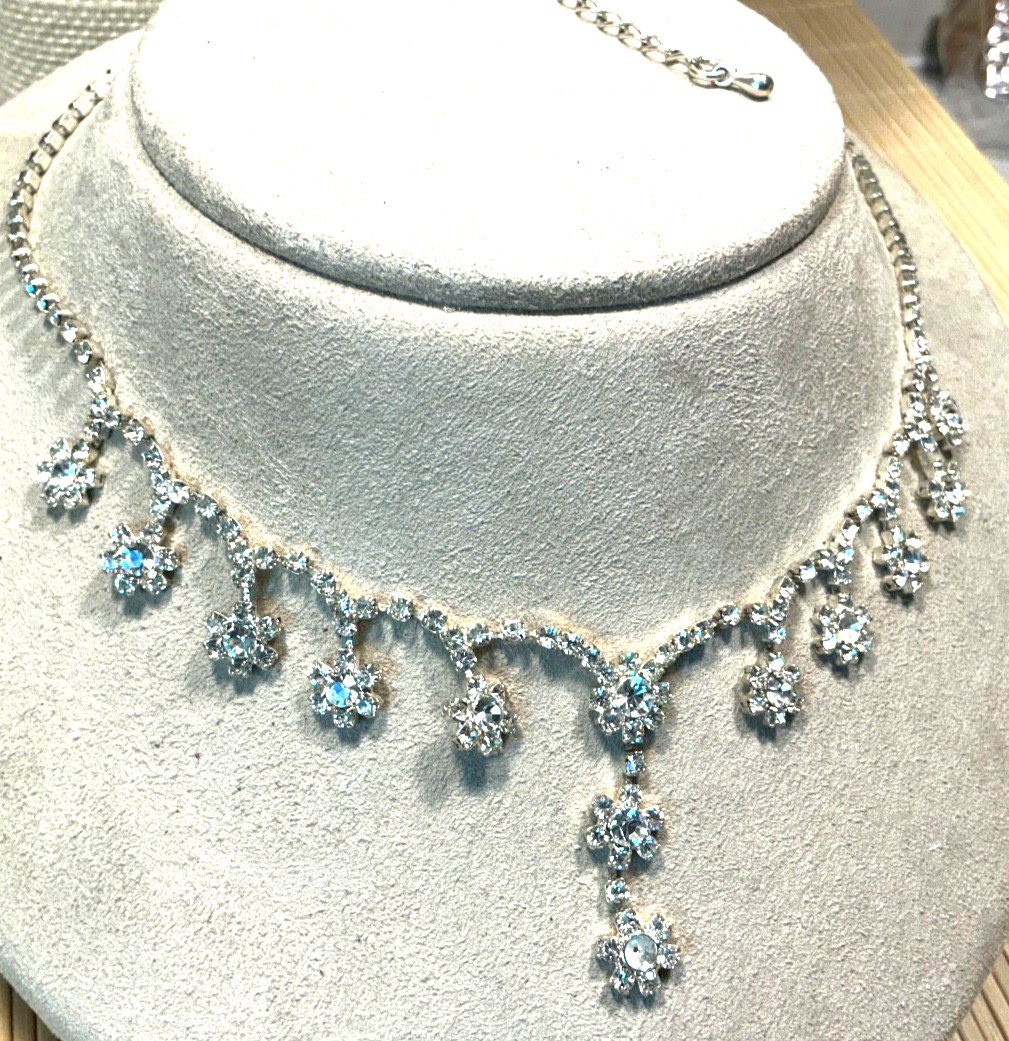Fashion Necklace Silver Tone Crystal Rhinestone Flowers Y Drop Pendant Lot 104