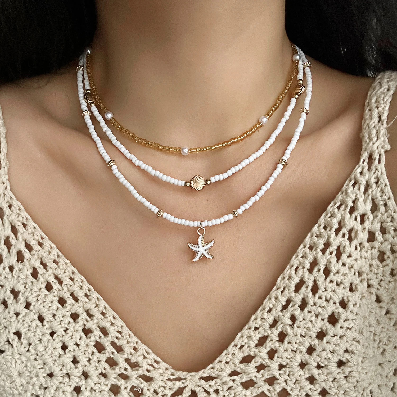 Handmade Shell Starfish Anklets for Women Bohemian Multilayer Rice Beads Bracele