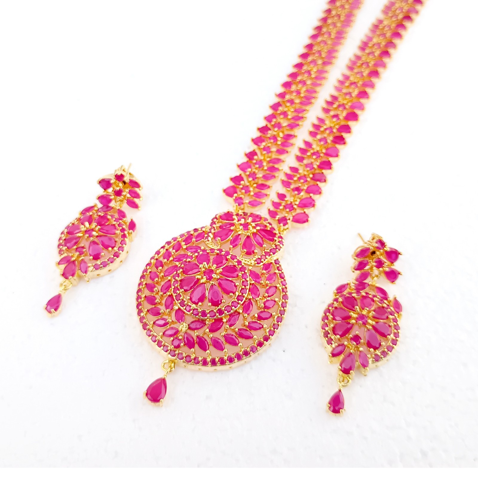 Long Ruby Necklace Set 22K Gold Plated July Birthstone Jewelry Anniversary Gift
