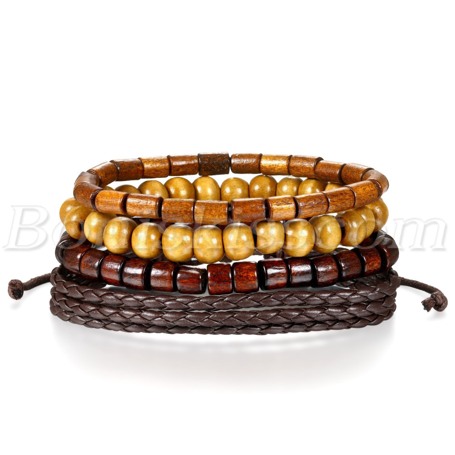 4pcs Men Women Handmade Retro Brown Leather Beaded Bracelet Cuff Set Adjustable