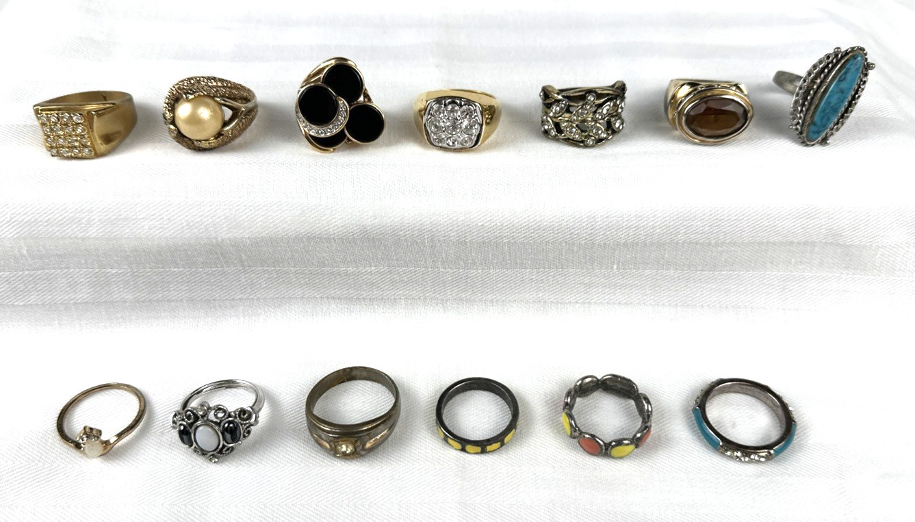 Fashion Ring Lot, 13 Different Rings of Various Designs and Sizes, Free Shipping