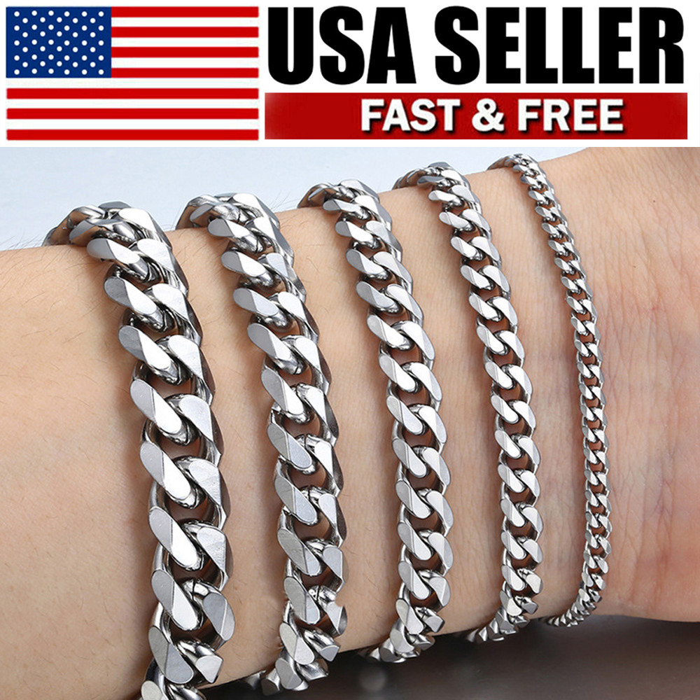 7/9/11mm Stainless Steel Curb Cuban Link Chain Bracelet Women Men Silver Unisex
