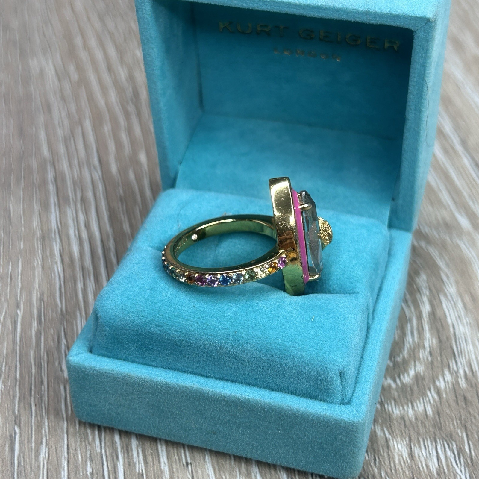 Kurt Geiger London Gold Statement Ring Size 8 Pink Enamel Crystal Gemstone