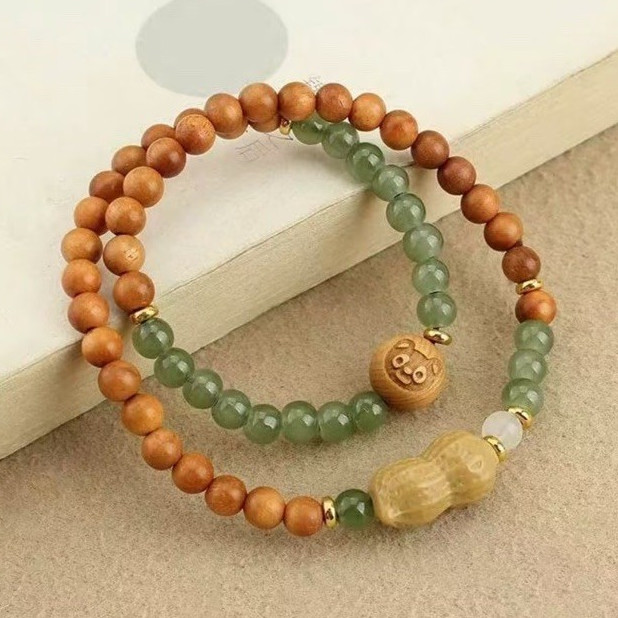 Golden Sandalwood “Good Things/Peanuts” Bracelet with Small Bear Spacer Beads