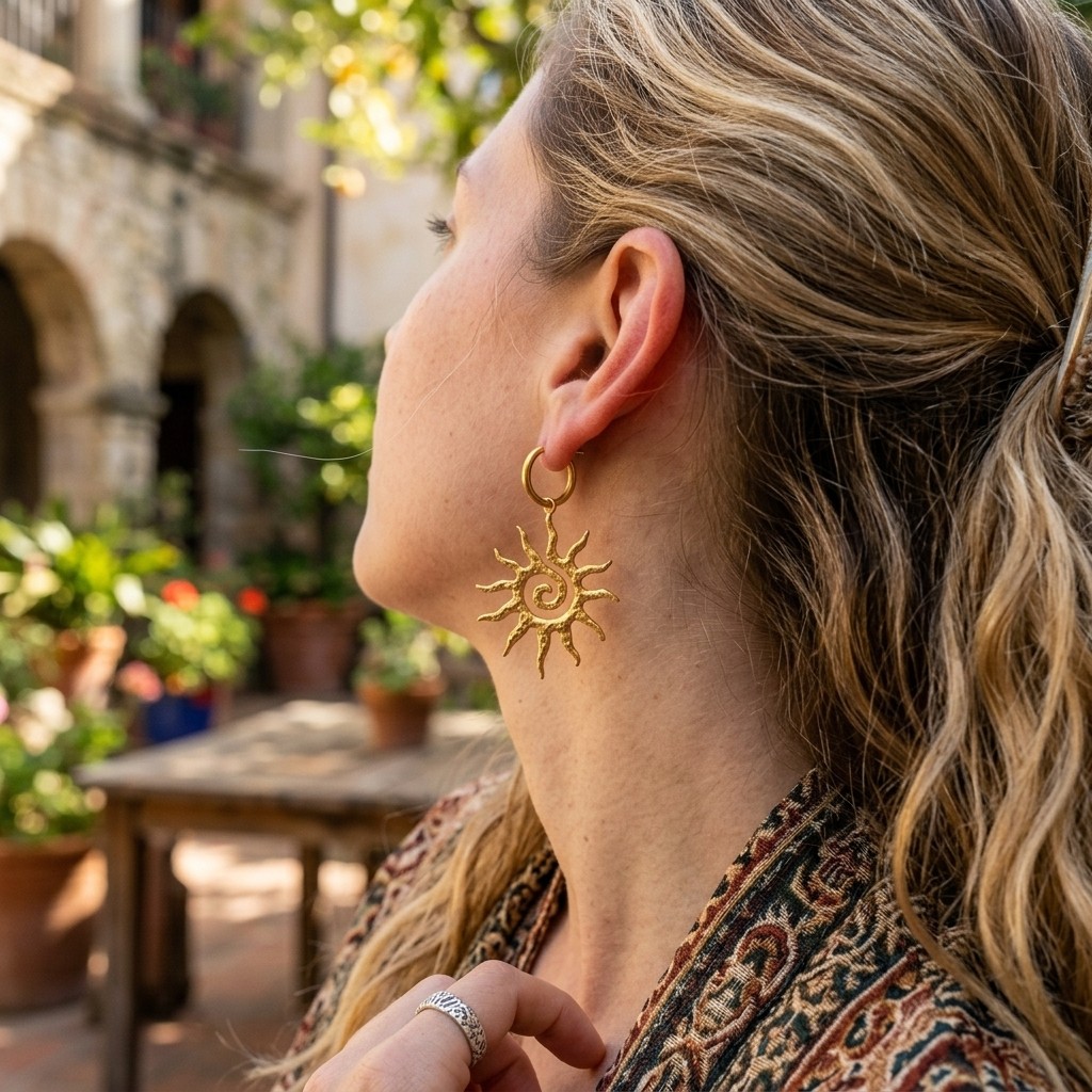 1 Pair Gold Sun Spiral Drop Earrings Bohemian Style Hoop Dangle Earrings