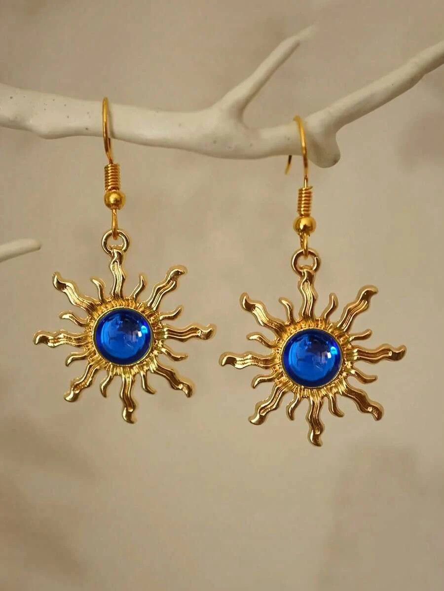 1 pair Boho Sunflower Jade Earrings Gold Plated Baroque Dangle Women