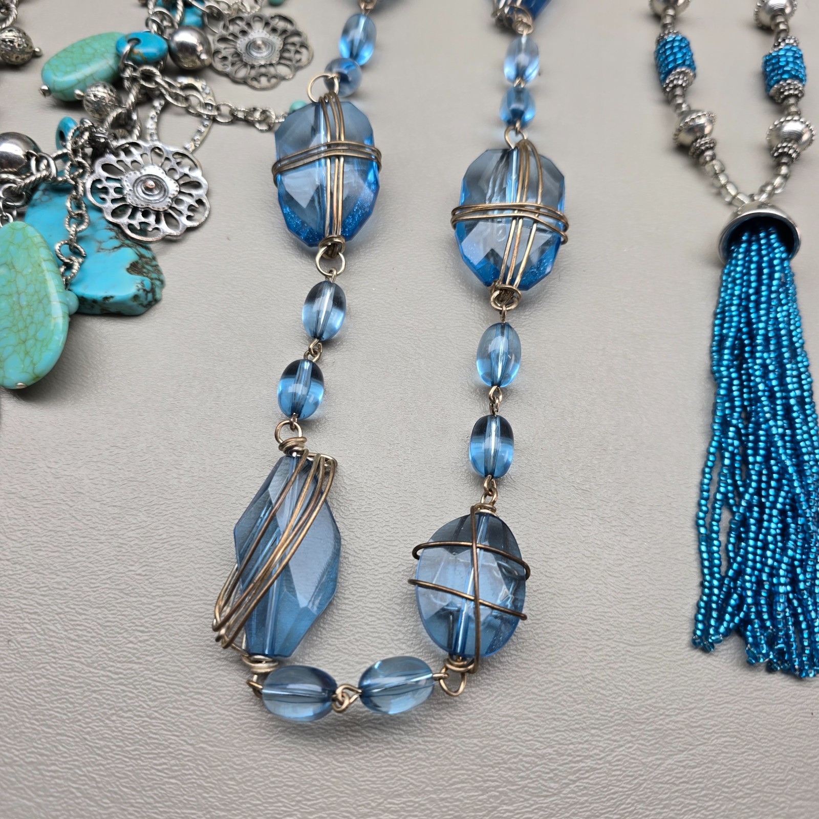 Blue Necklace Lot Green Beaded Statement Tassel Faux Pearl Glass