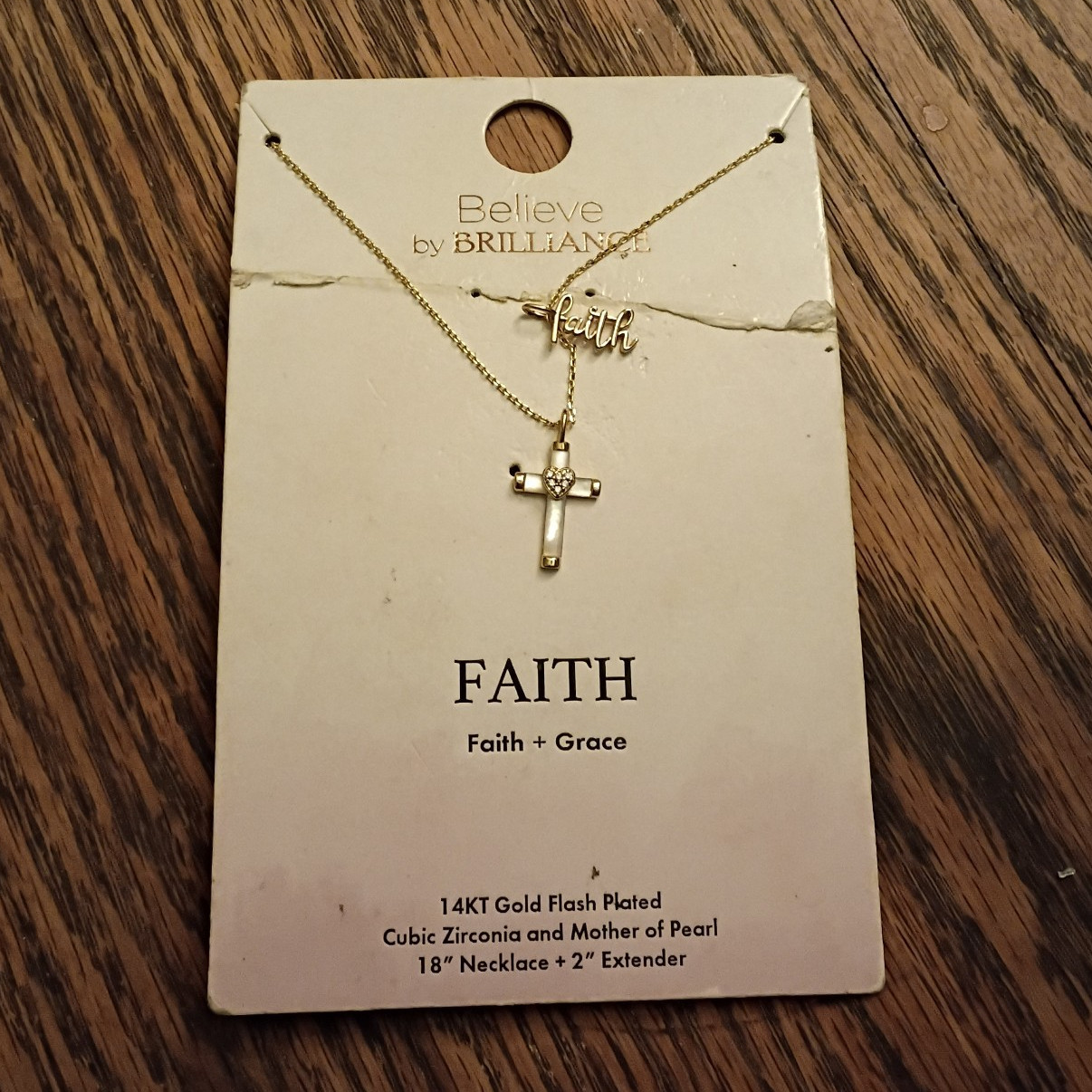 Believe by Brilliance Faith + Grace CZ Cross Charm Necklace 18in+Ext Gold Pl