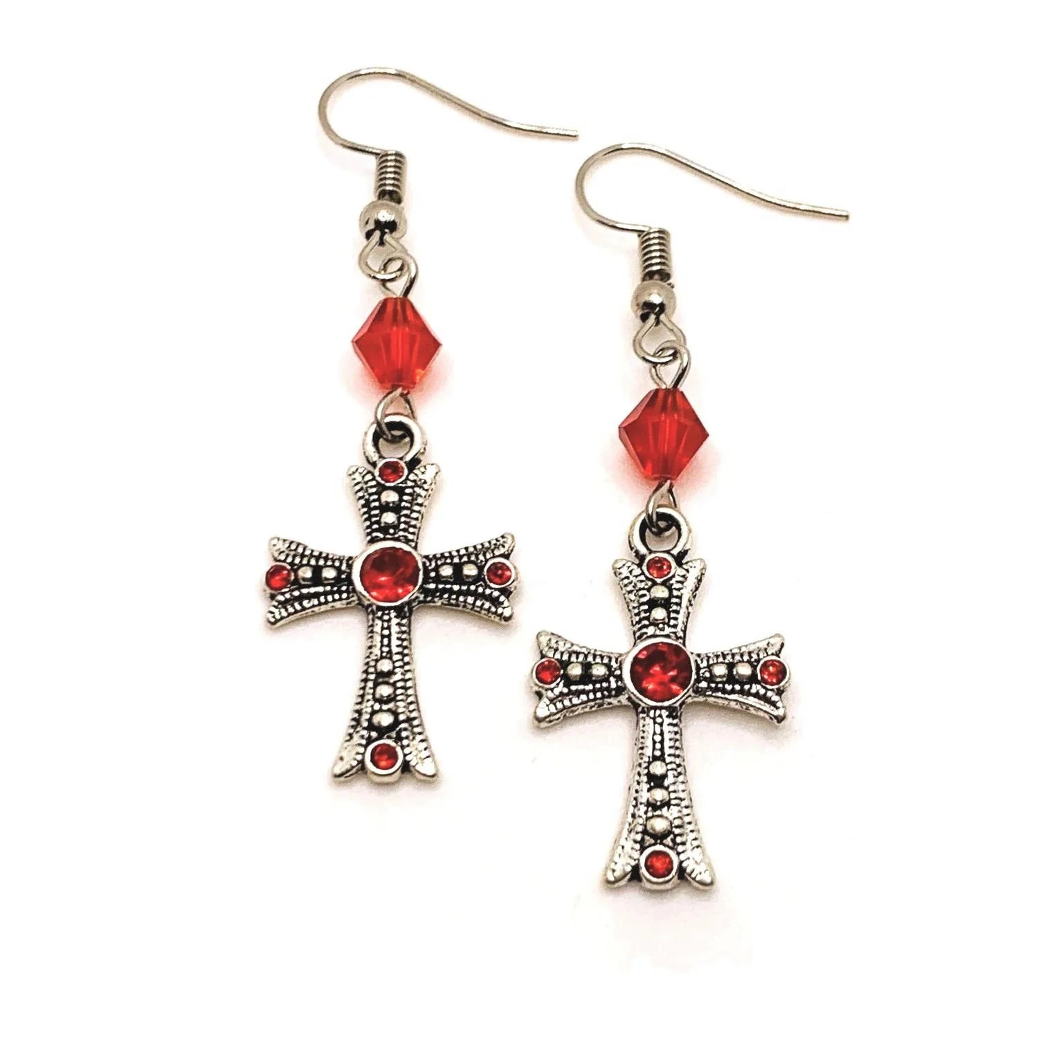 Red Rhinestone Gothic Cross Earrings – US Seller