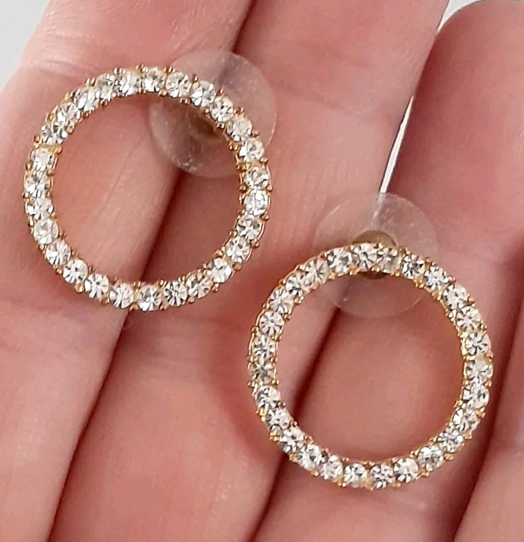 Clear Crystal Stone Round Circle Gold tone Earrings