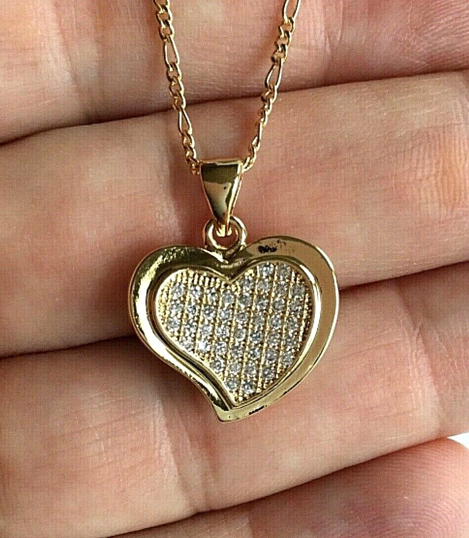 18K GOLD FILLED CZ HEART LOVE NECKLACE 20″ LONG/CADENA DE CORAZON 20″- 22x19mm