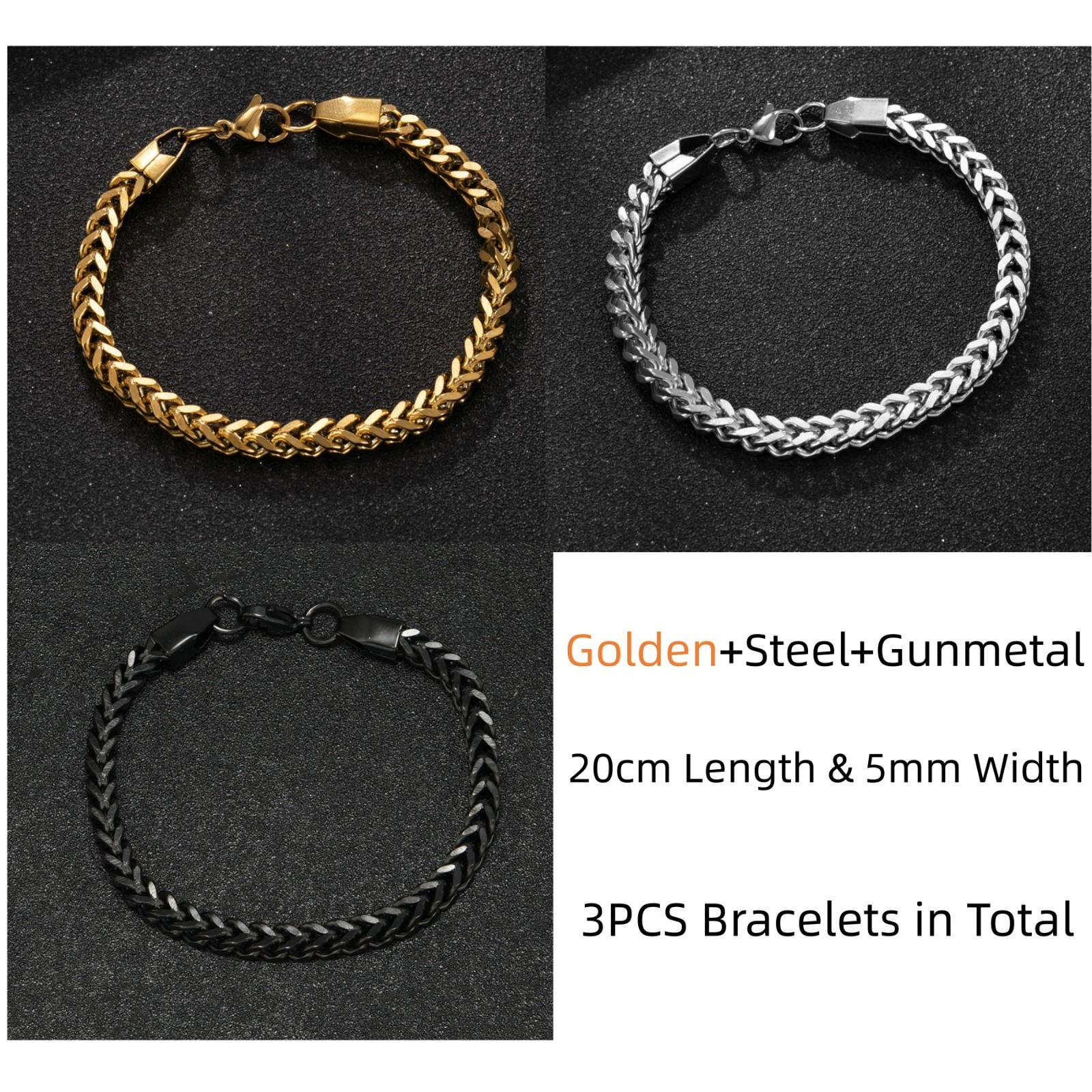 3PCS Fashion Mens Stainless Steel Twisted Punk Cube Chain Bracelets 20cm