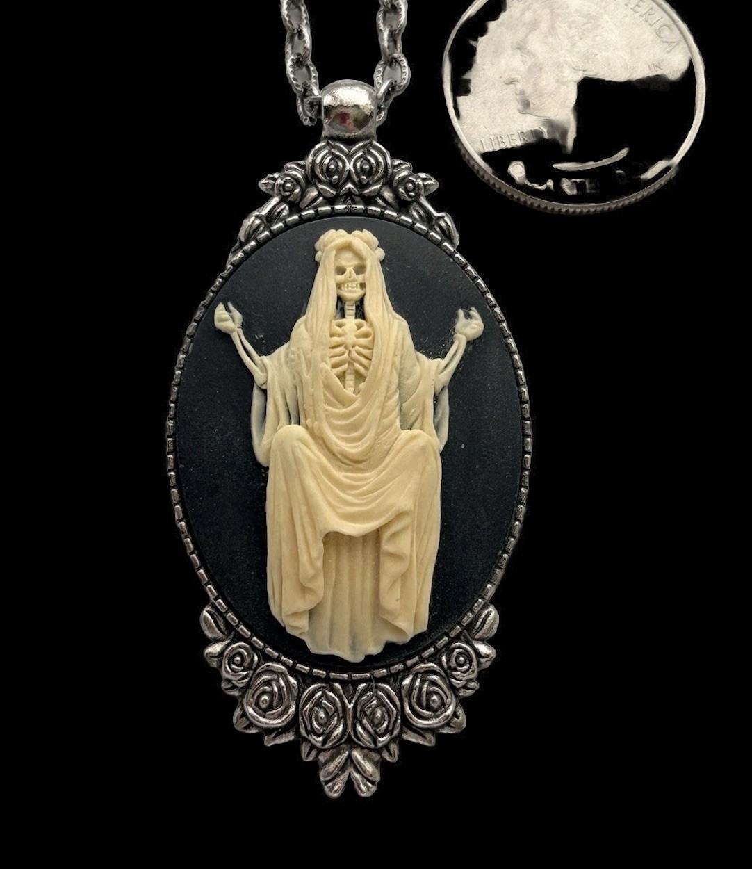 Santa Muerte Cameo Necklace Vintage Pendant, Ivory on Black, Antique Silver pltd