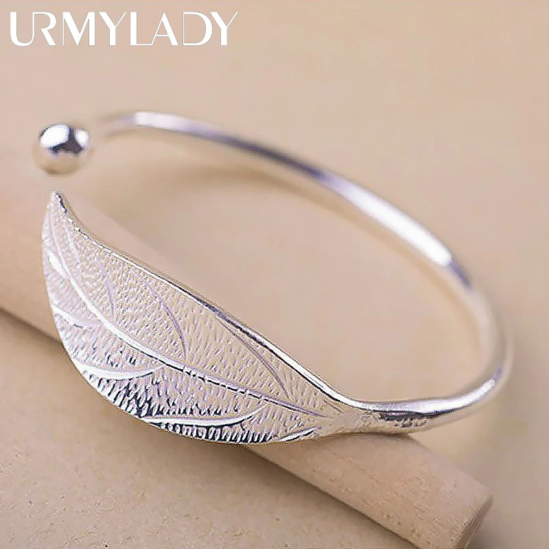 Fashion 925 Sterling Silver Woman Cuff Bracelet Open Leaf Shaped Adjustable Char