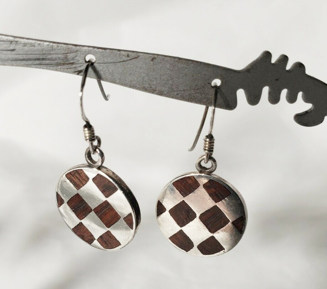92.5 sterling silver coin shape earrings, coconut wood inlay, lightweight