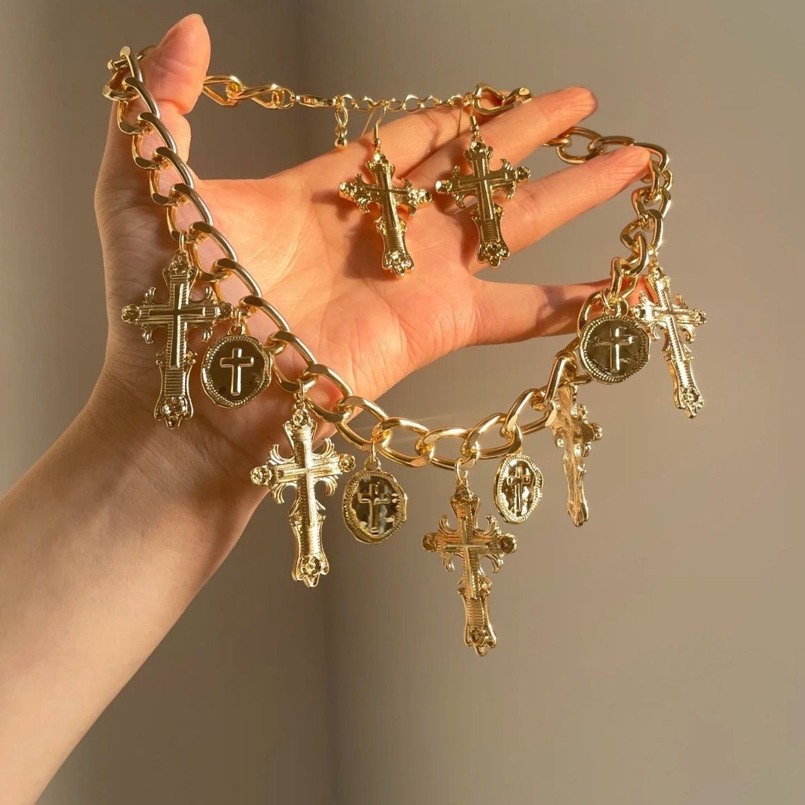 Necklace, Cross, and Collarbone Chain Set with Matching Stud Earrings
