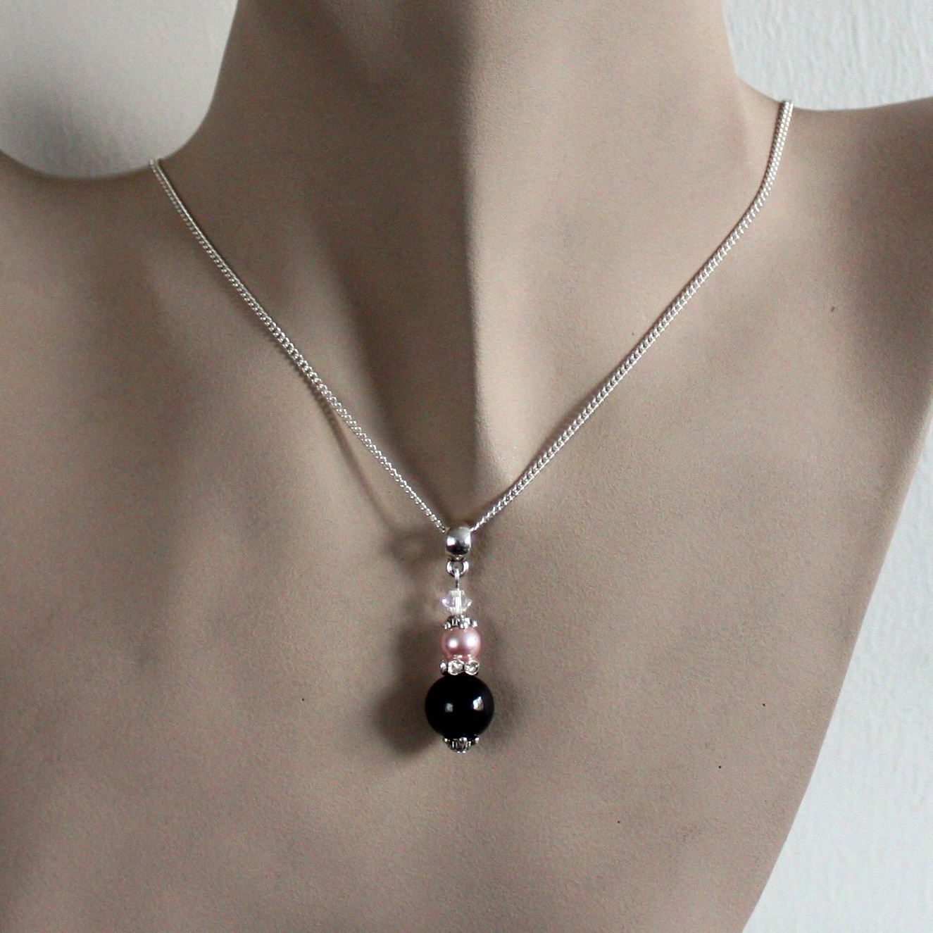 Black pink blush pearls rhinestones silver wedding bridesmaid bridal jewelry set