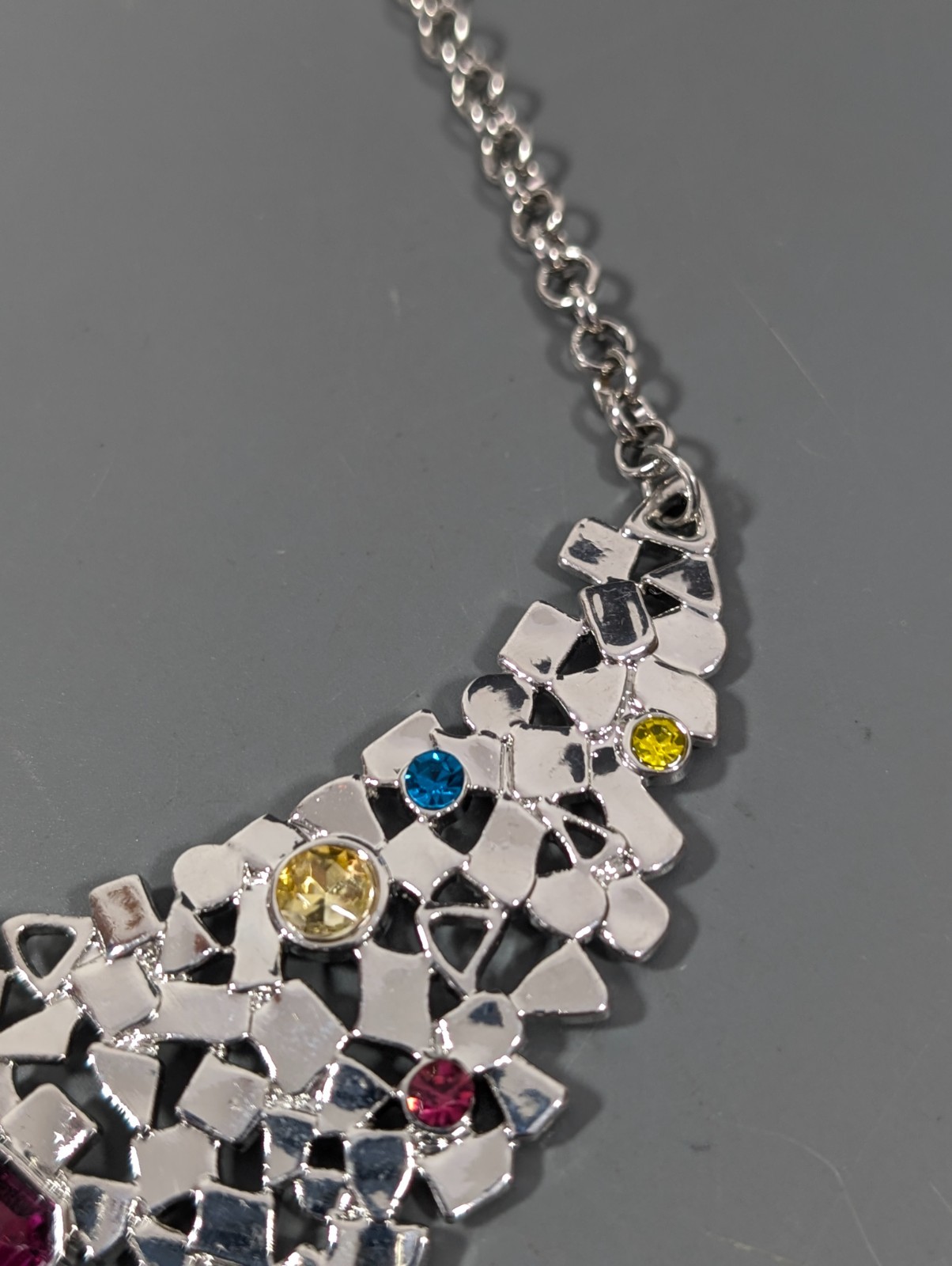Silver Tone Multicolor Crystal Bib Necklace Modern Statement Jewelry 21 in Glam